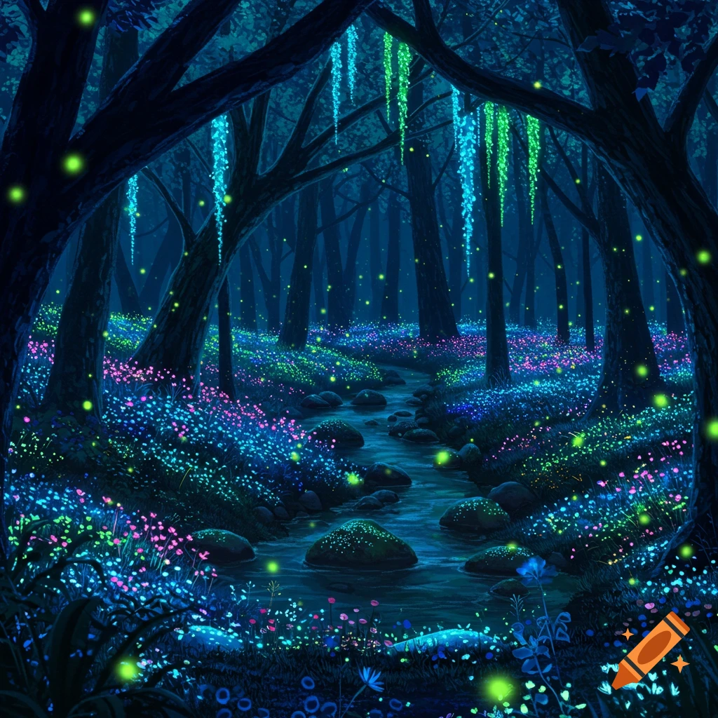 Enchanted forest at night with a glowing river, bioluminescent flowers in blue, pink, and green, and fireflies, in an illustration style.