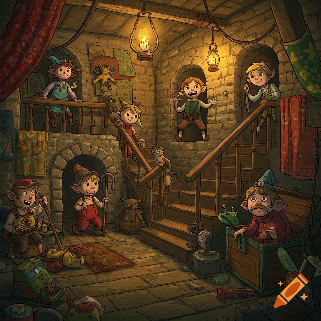 Seven playful cartoon gnomes in an old, cozy stone cellar with stairs, lanterns, and scattered toys.