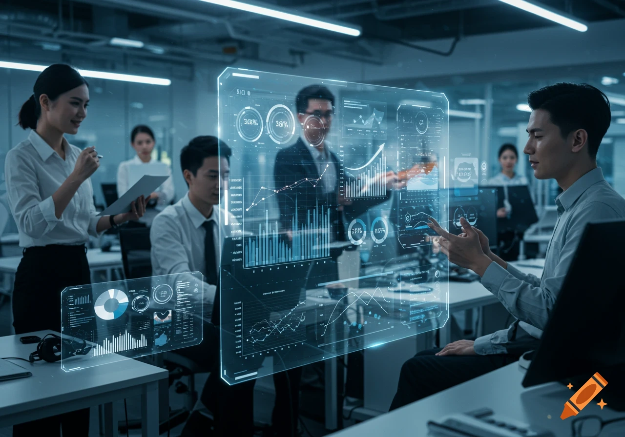 People in a modern office interact with glowing holographic displays showing various business charts and data. A man gestures at a large floating screen while others observe.
