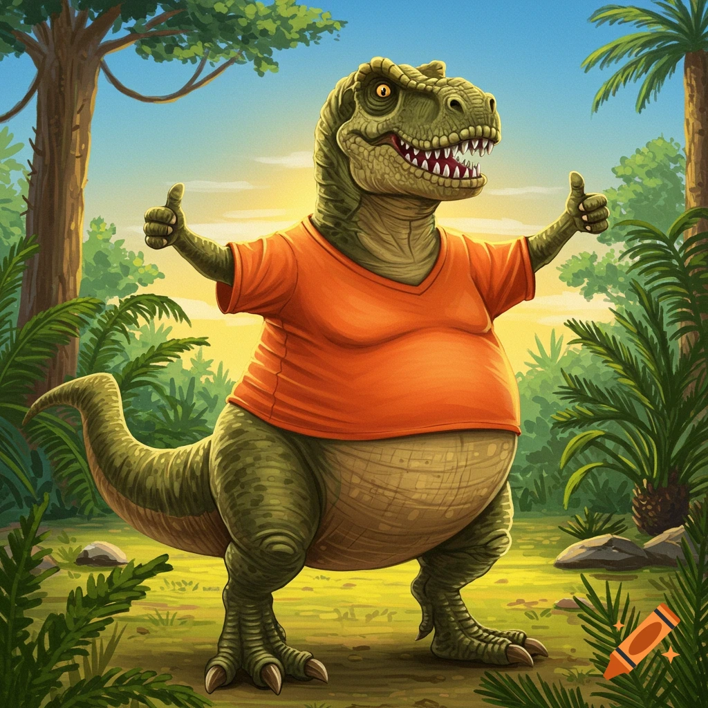 A friendly, fat cartoon T-Rex wearing an orange t-shirt, standing in a jungle and giving two thumbs up. The T-Rex is smiling broadly.