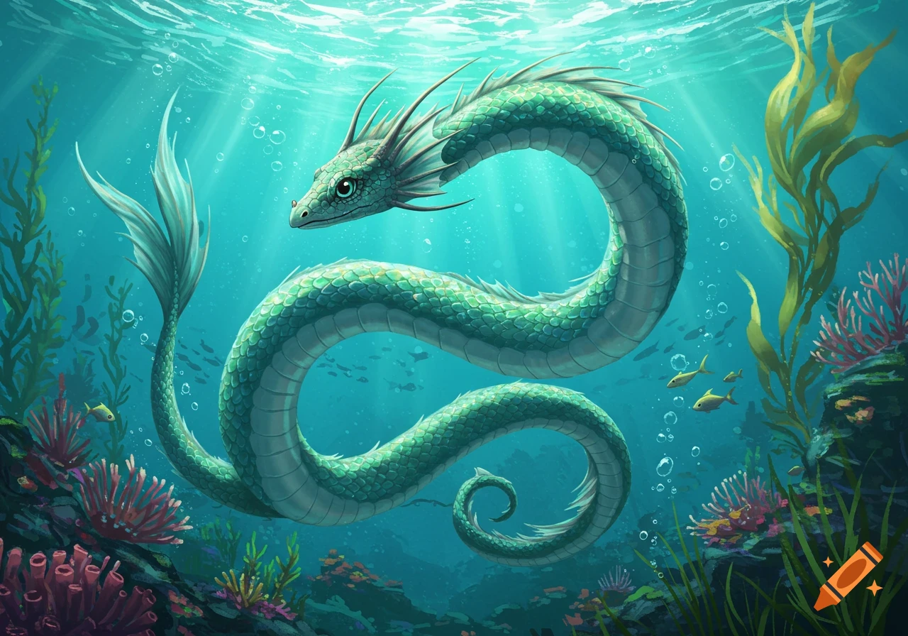 A cute, green scaled sea serpent with a finned tail swims gracefully in a vibrant blue ocean amidst coral and kelp.