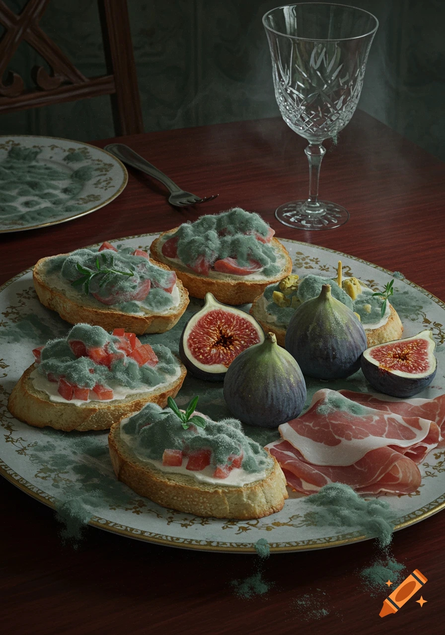 A close-up of a dark wooden table holding a platter of moldy appetizers, figs, and prosciutto, next to an ornate crystal wine glass.