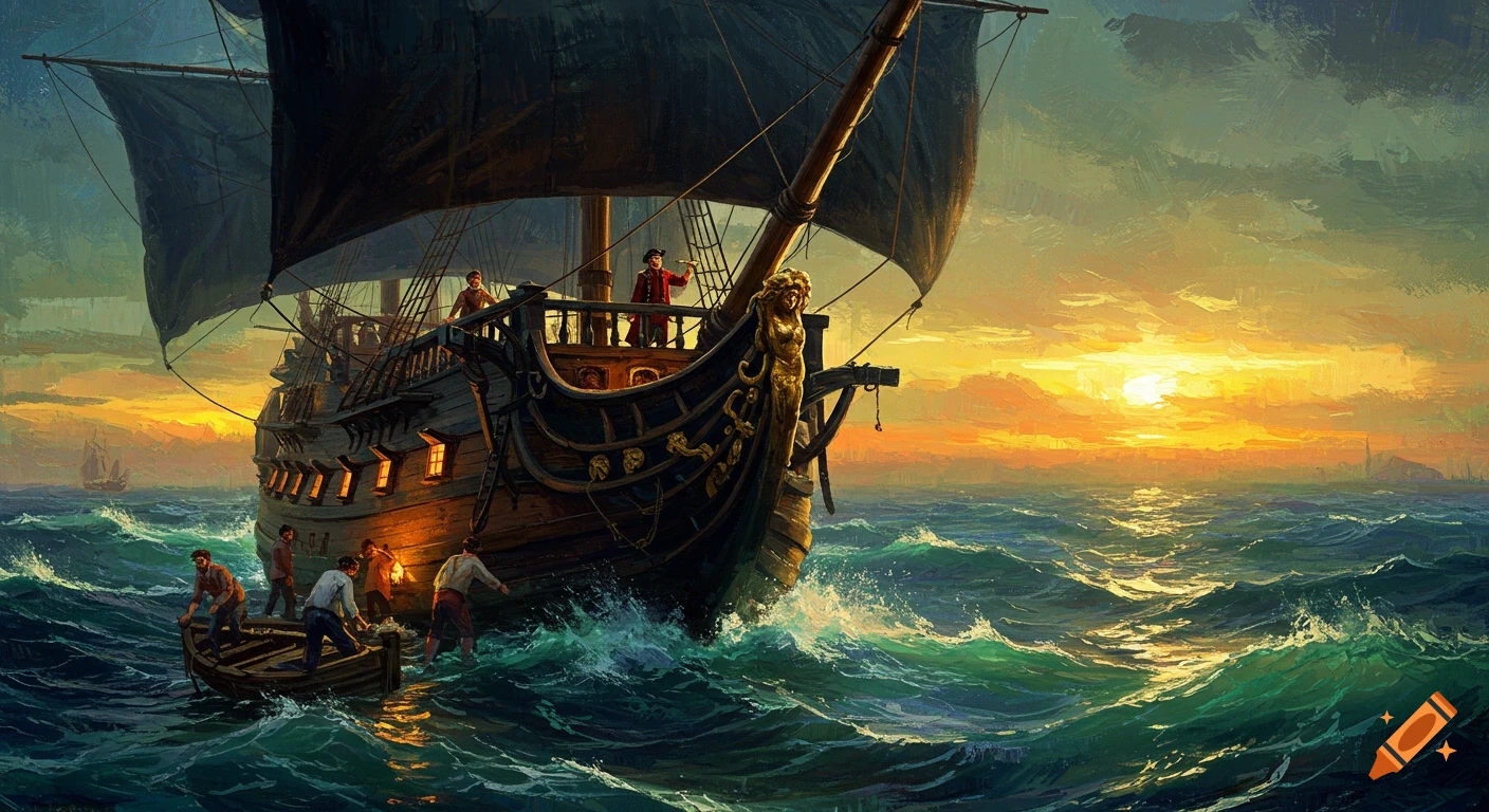 A pirate galleon with black sails on a stormy sea at sunset, rendered in a dynamic painterly style.