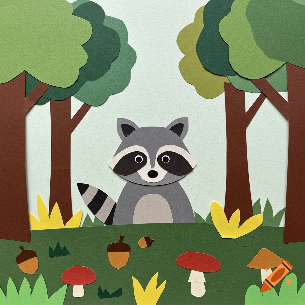 A paper cutout collage of a raccoon sitting in a forest with trees, grass, mushrooms, and acorns.