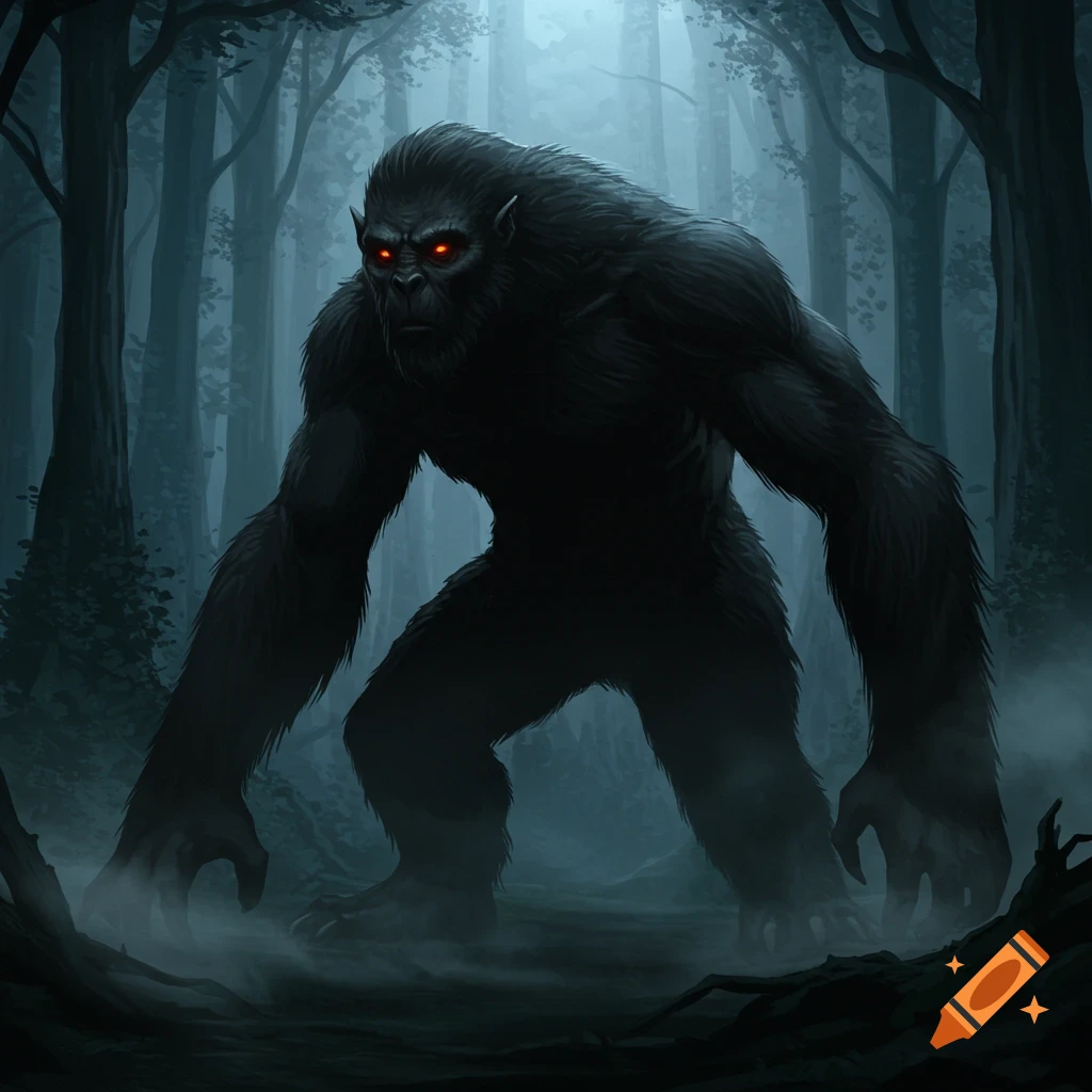 A dark, furry, hunched monster with glowing red eyes stands in a misty, shadowy forest.
