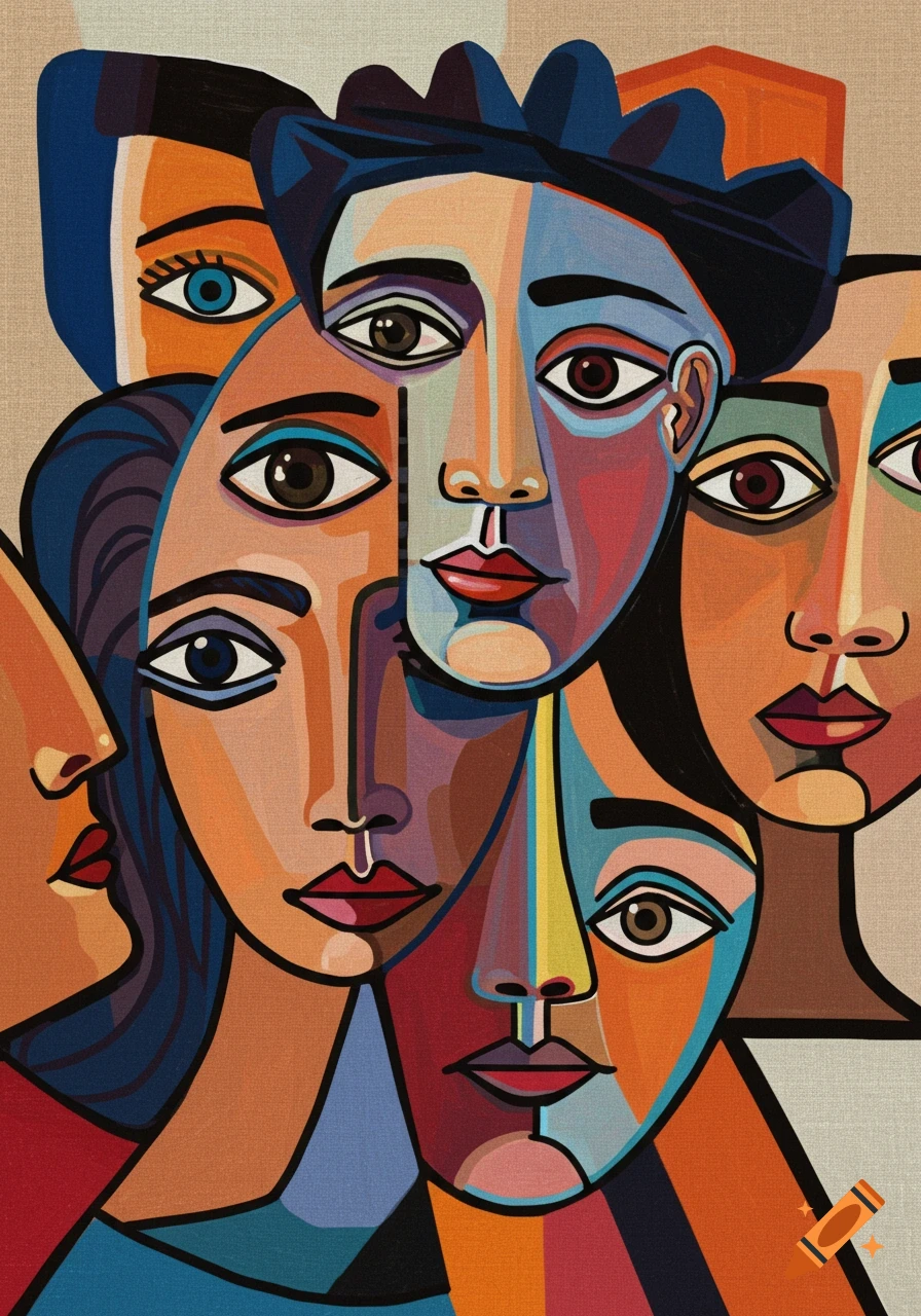 A vibrant, cubist-style painting depicting multiple fragmented human faces in warm and cool tones.