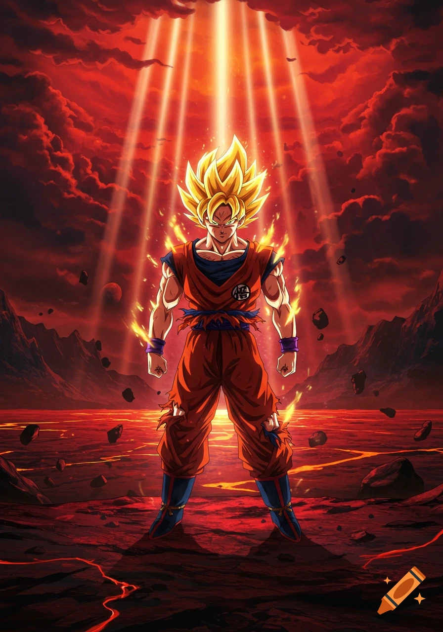 Goku in Super Saiyan form stands powerfully on a fiery red alien planet under a red sky with light rays, anime style.