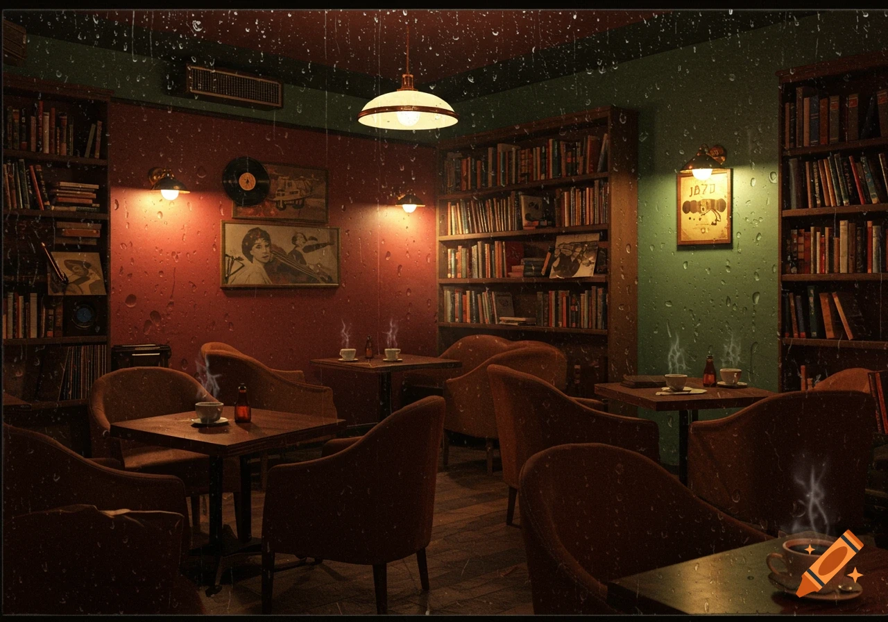 Cozy jazz cafe interior with warm lighting, red and green walls, bookshelves, armchairs, and steaming coffee cups on tables. Rain streaks visible on the window.