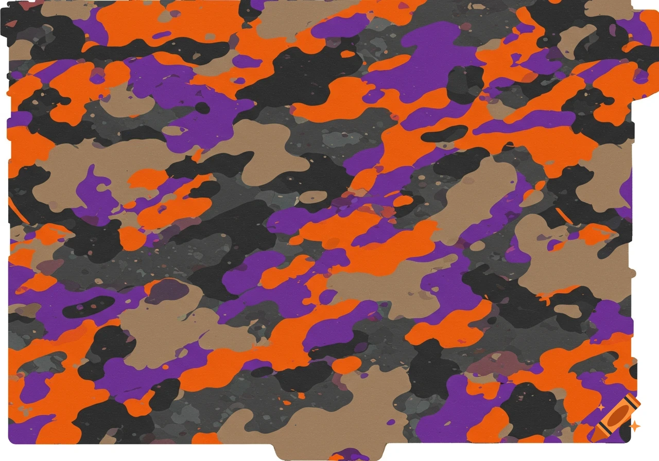 An abstract camouflage pattern featuring irregular splotches of graphite black, hunter orange, bright purple, and benelli sand colors.