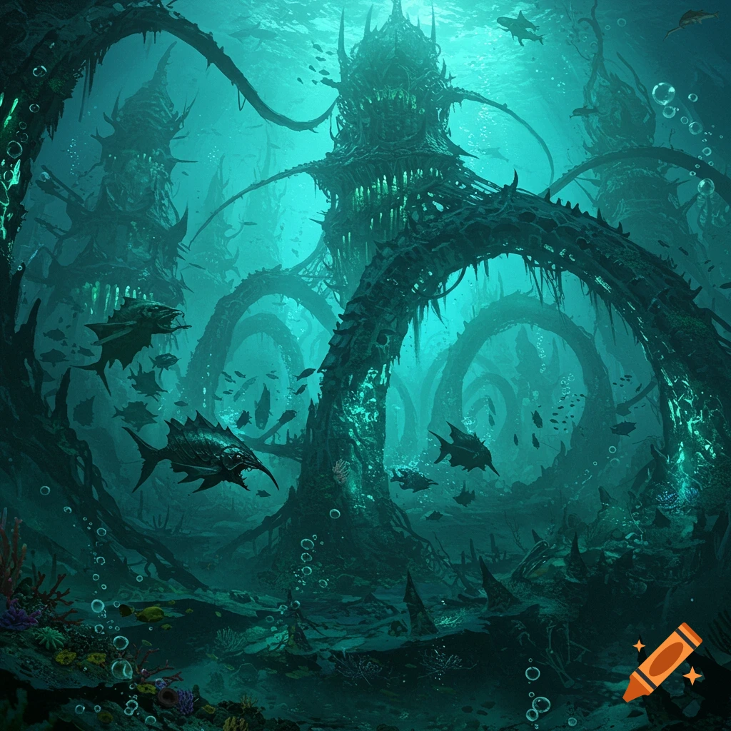 A dark, sprawling biomechanical megastructure deep underwater, with schools of alien fish. Digital art.