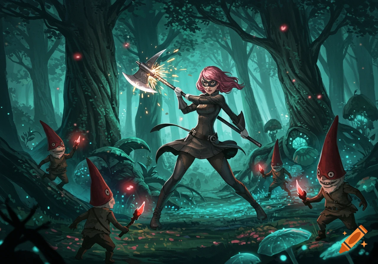 A pink-haired woman in a black outfit holds a sparkling axe, battling small, red-hatted gnomes in a dark, glowing enchanted forest, digital art.
