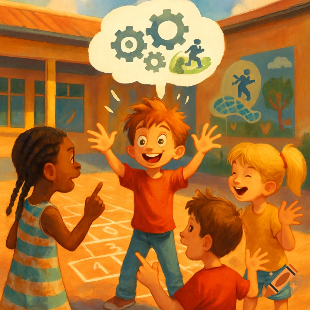 Four happy children playing hopscotch in a sunny schoolyard, one with a thought bubble.