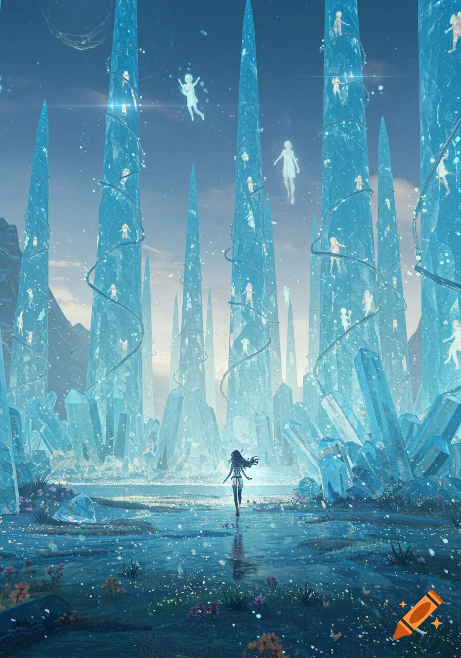 A lone figure walks through a luminous fantasy landscape of towering blue crystals, glowing water, and ethereal floating beings.