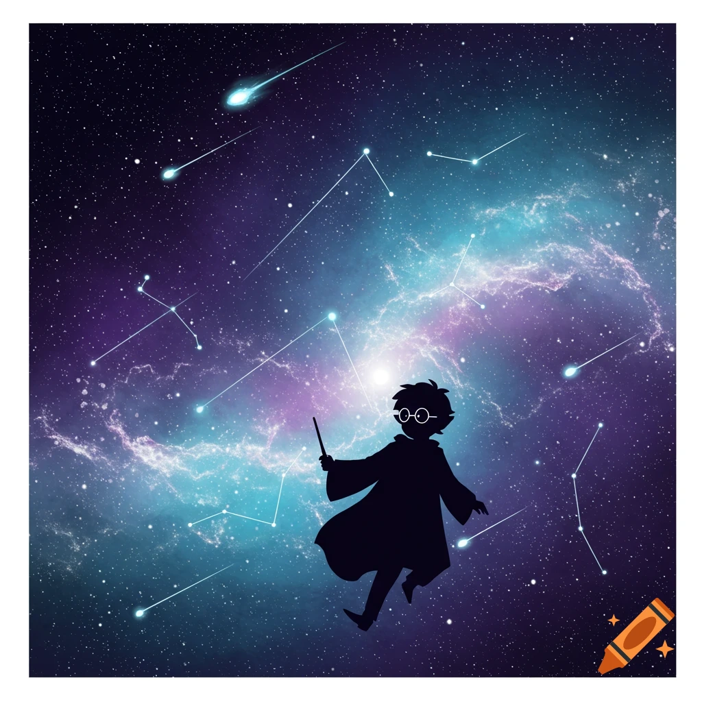 A silhouette of Harry Potter with a wand floats against a vibrant purple and blue nebula filled with stars and shooting stars, comic style.