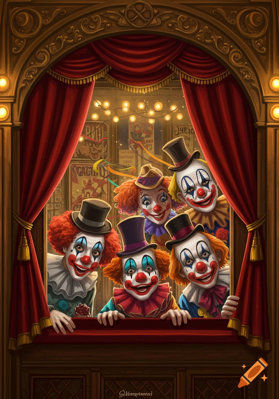 Five smiling clowns with painted faces and colorful wigs peek over an ornate red theater curtain.
