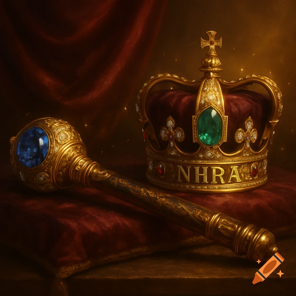 A golden jeweled mace and crown with 'NHRA' on its band, set on a red velvet cloth, in a rich, dark, photorealistic style.