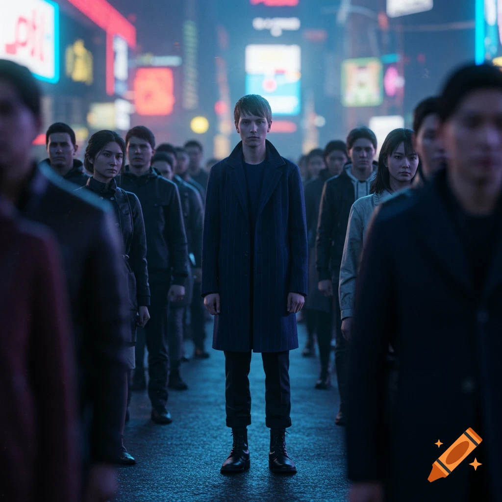 A young man stands centered in a crowd on a dimly lit urban street at night, blurred neon signs in the background.