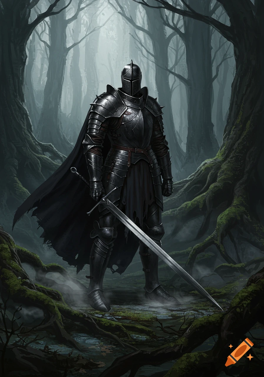 A dark knight in full black armor stands with a large sword in a moody, mossy forest with twisted trees, digital art.