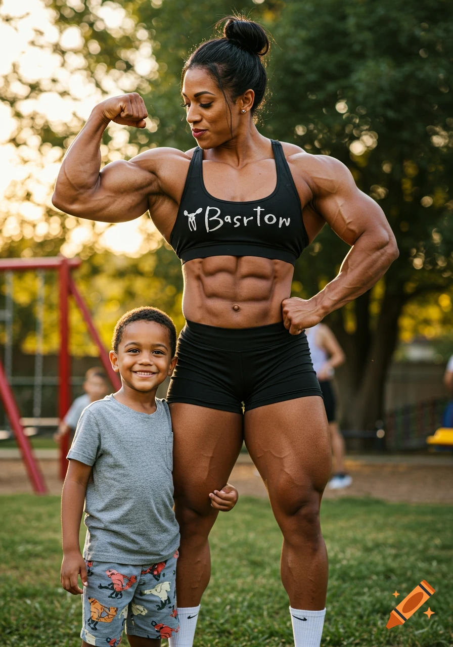 A muscular woman in a sports bra flexing her biceps next to a smiling young boy in a park.