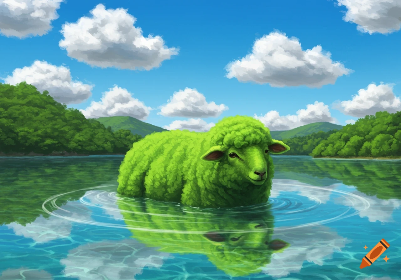 A vibrant green sheep stands in a lake, surrounded by green hills under a blue sky with clouds, in a digital painting style.