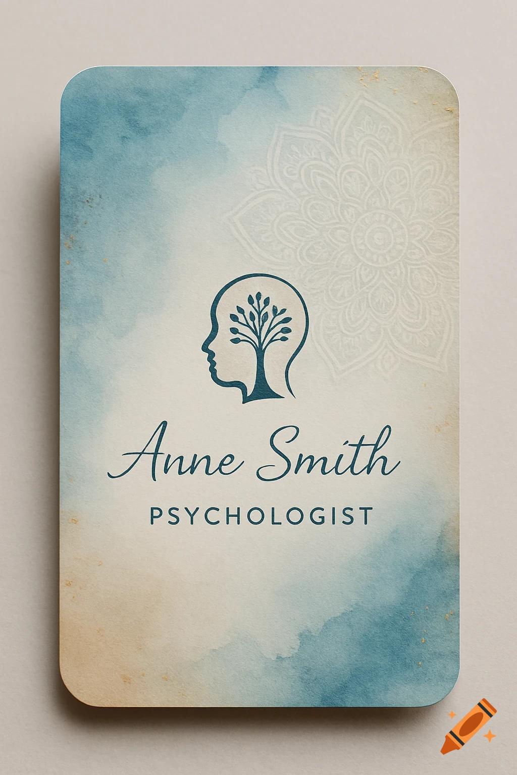 A watercolor business card with a head-tree logo and text 'Anne Smith PSYCHOLOGIST' on a blue and brown background.