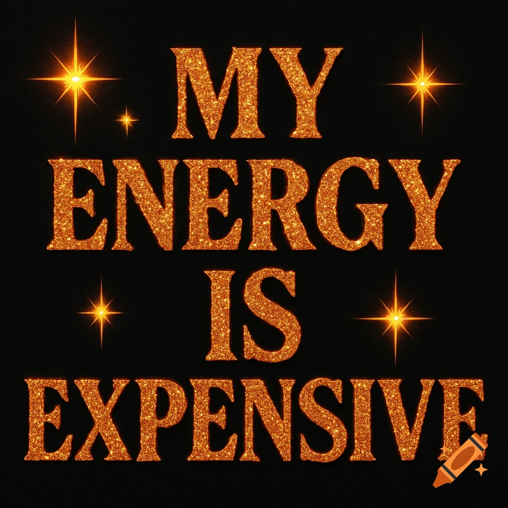 Sparkly orange text reading 'MY ENERGY IS EXPENSIVE' surrounded by orange gold four-point stars on a black background.
