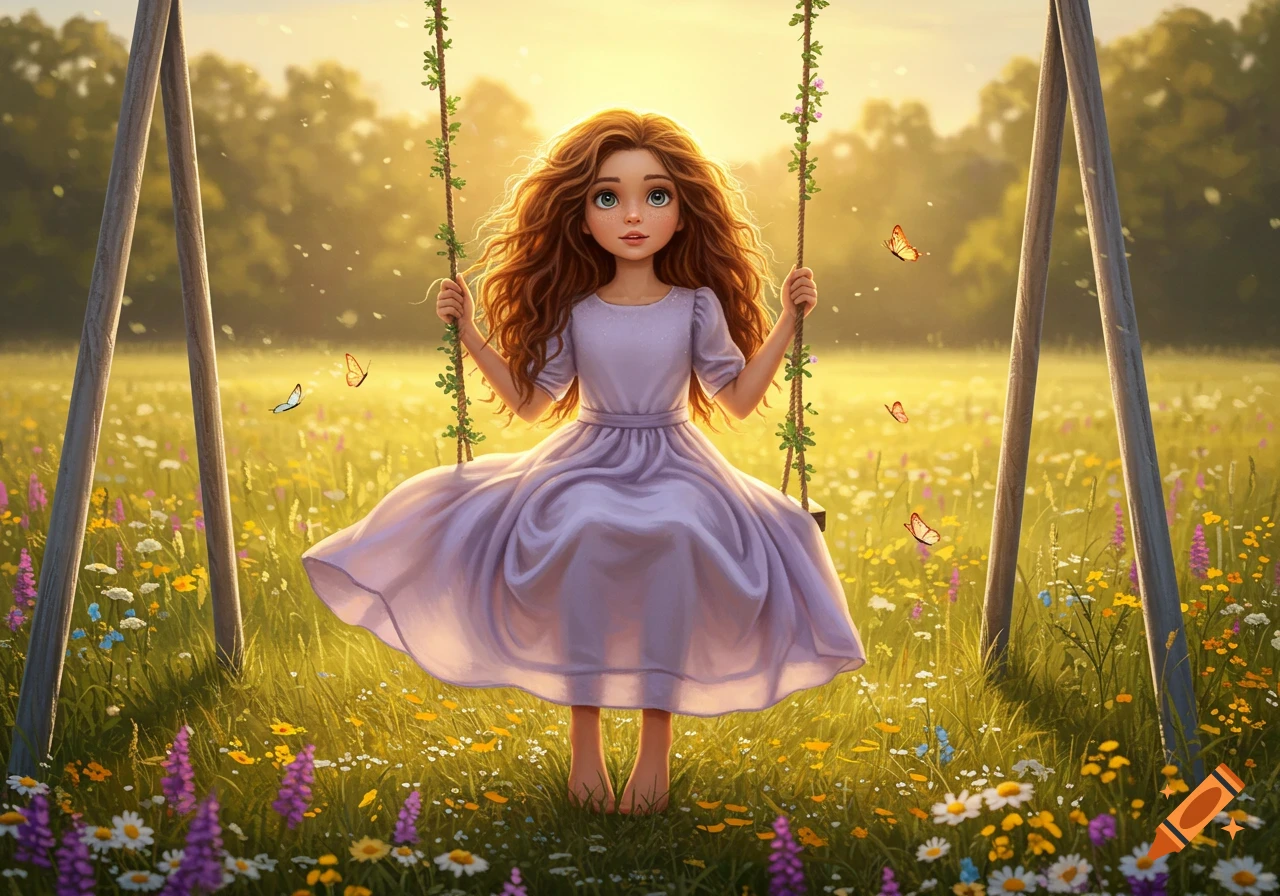 An illustrated whimsical girl with long brown hair swings on a vine-covered swing in a sunny flower field with butterflies.