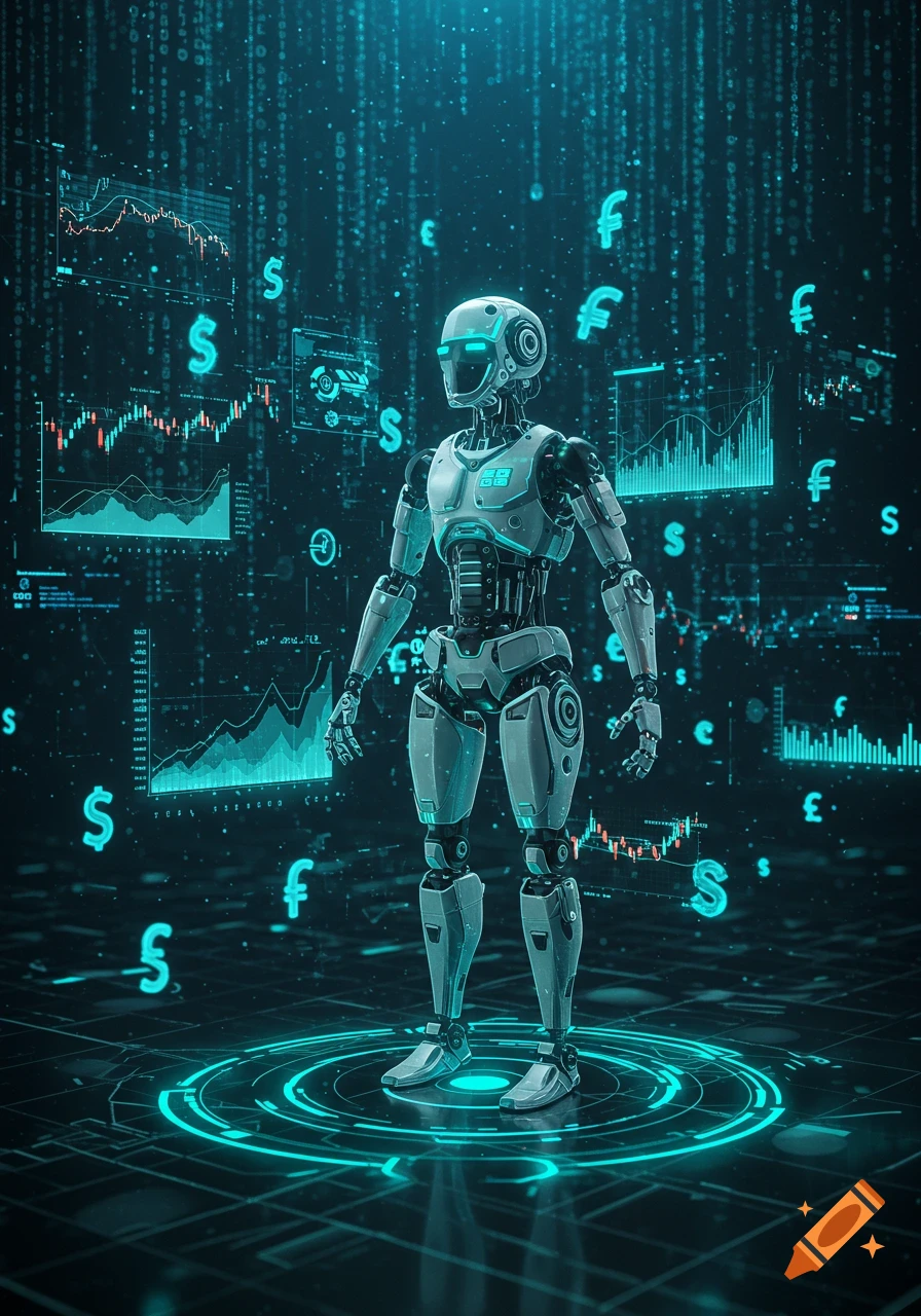 A sleek humanoid robot stands on a glowing data circle amidst floating currency symbols and digital financial graphs in a dark, neon blue virtual space.
