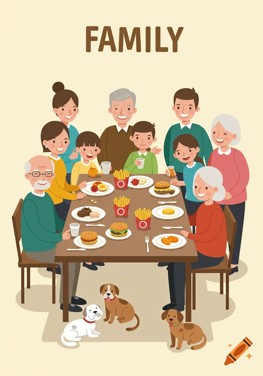 An illustration of a large family and three dogs gathered around a dining table with burgers and fries. The word 'FAMILY' is above them.