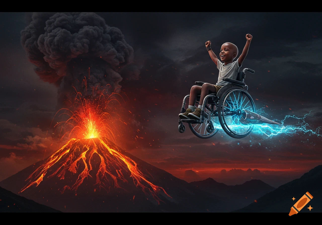 A bald Black boy in a wheelchair flies over an erupting volcano with blue energy trails.