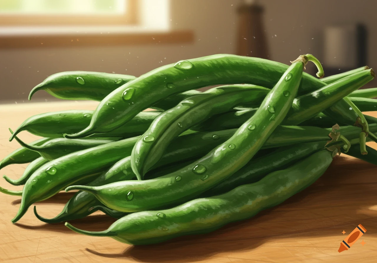 A close-up of a pile of fresh green beans with water droplets on a wooden surface, illuminated by natural light.