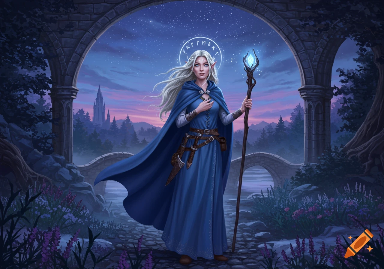 A pale-haired female elf in a blue dress and cloak holds a glowing staff under a stone archway with a castle in the background.