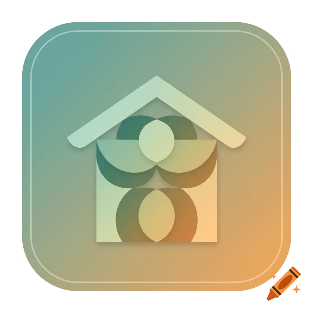A minimalist app icon with a geometric house symbol made of overlapping arcs and circles on a rounded gradient background.