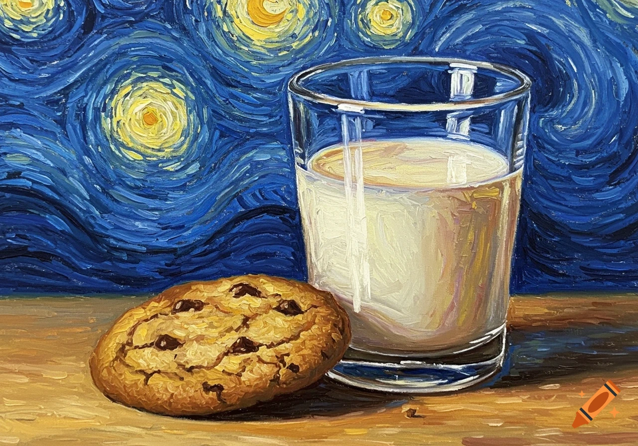 Van Gogh style oil pastel painting of a chocolate chip cookie and a glass of milk on a table under a starry night sky.