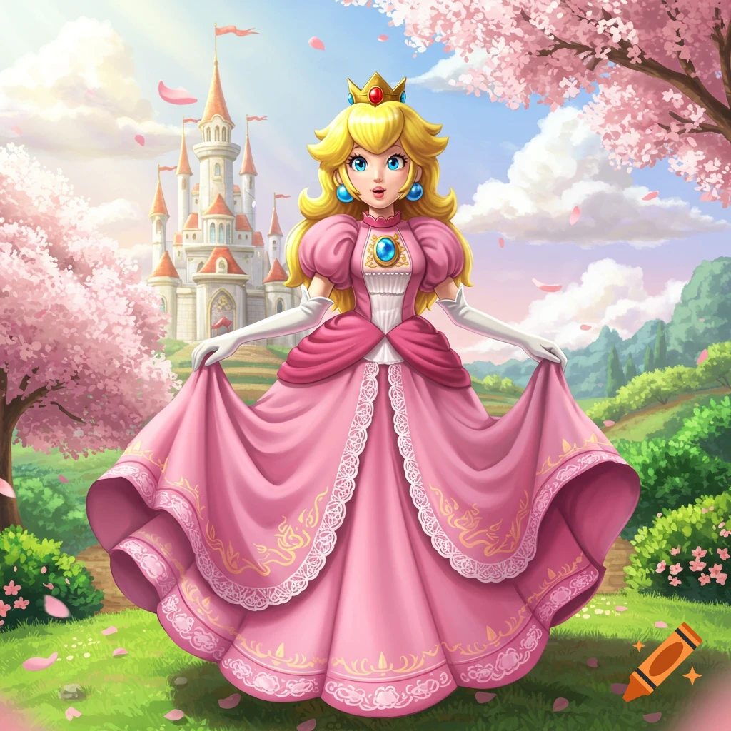 Princess Peach in a pink dress stands in a grassy field with a castle and cherry blossom trees in the background.