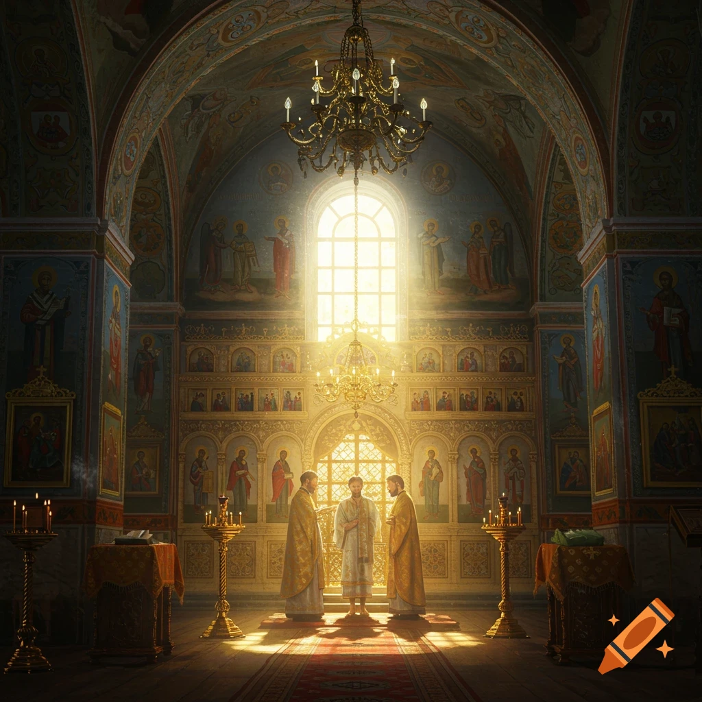 A baptism ceremony takes place in a grand Russian Orthodox chapel, bathed in divine golden light from a tall window.