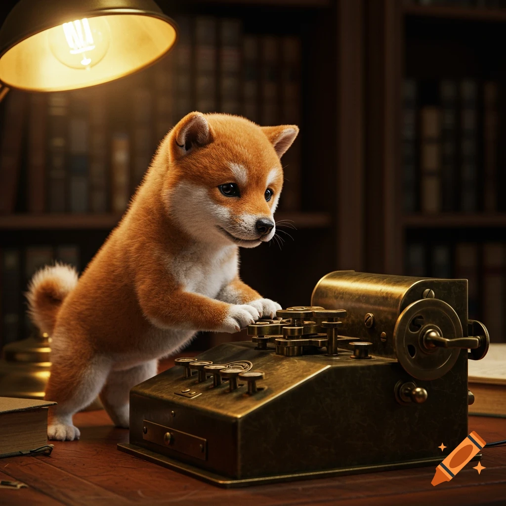A fluffy Shiba Inu puppy operates an antique brass telegraph machine under a warm lamp in a library.