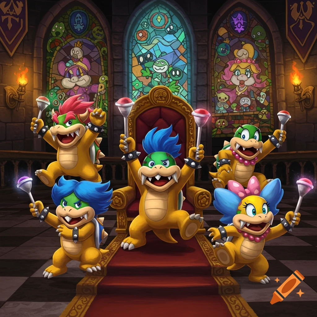 Several cartoon Koopalings celebrate in a vibrant castle throne room with stained glass, holding lollipops.
