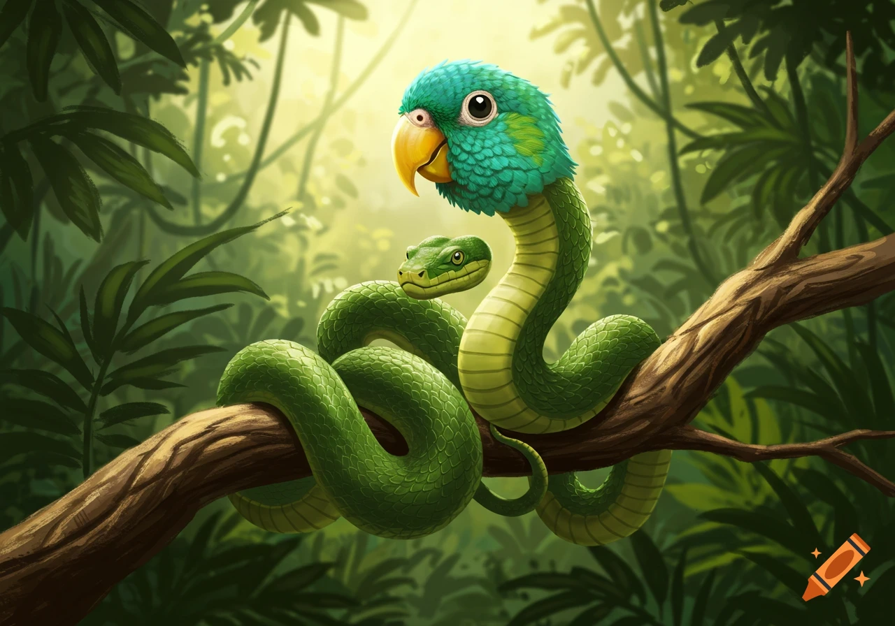 A cartoonish green snake with a parrot's head sits on a jungle tree branch, looking silly.