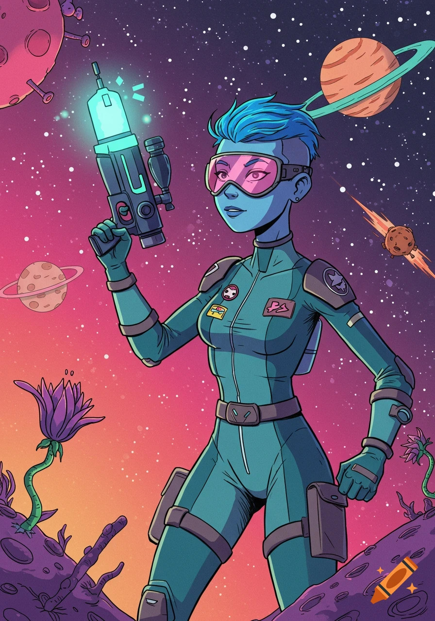 Cartoon blue-skinned space rogue with pink goggles holding a glowing laser gun on an alien planet under a starry sky.