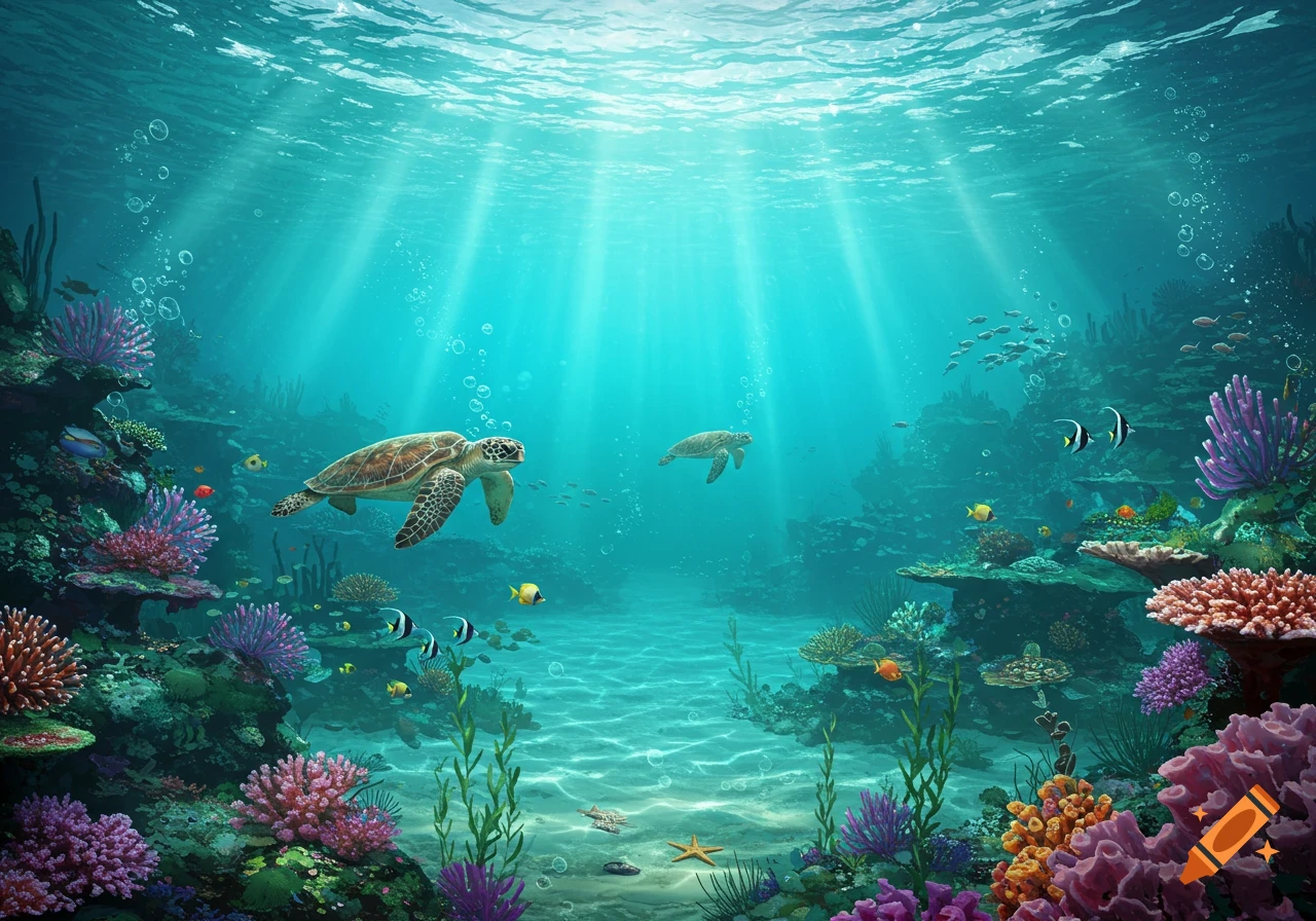Two sea turtles swim among vibrant coral reefs and schools of fish in a sunlit underwater ocean scene.