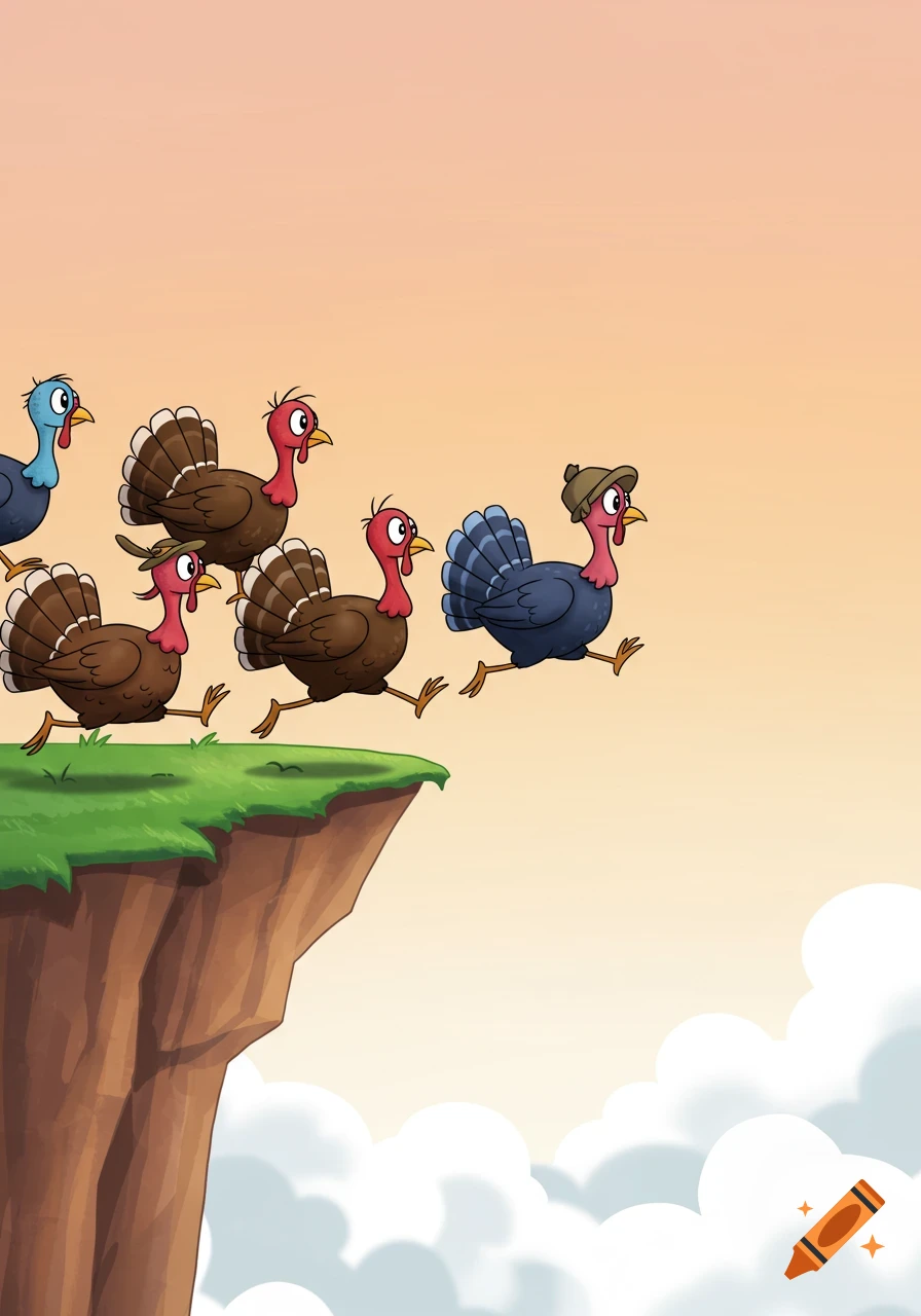 A line of cartoon turkeys, some wearing hats, run off a green cliff into the sky.