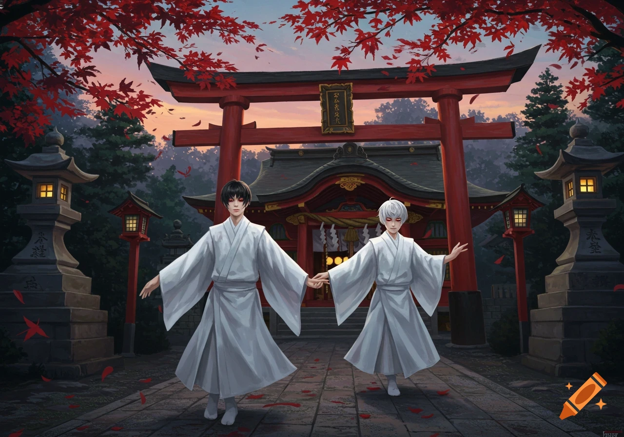 Two anime-style boys in white robes stand in front of a red torii gate and shrine under autumn maple leaves.