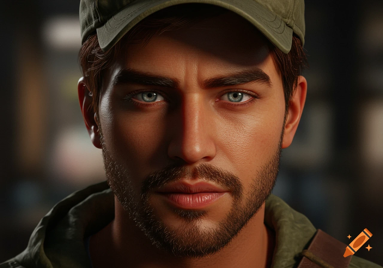 Close-up photorealistic portrait of a man with blue eyes, a beard, and an olive green cap.