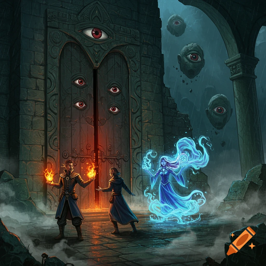 Two mages, one conjuring fire, another mist, stand before a large stone door adorned with eyes in dark, rainy ruins with floating rock heads. Dark fantasy style.