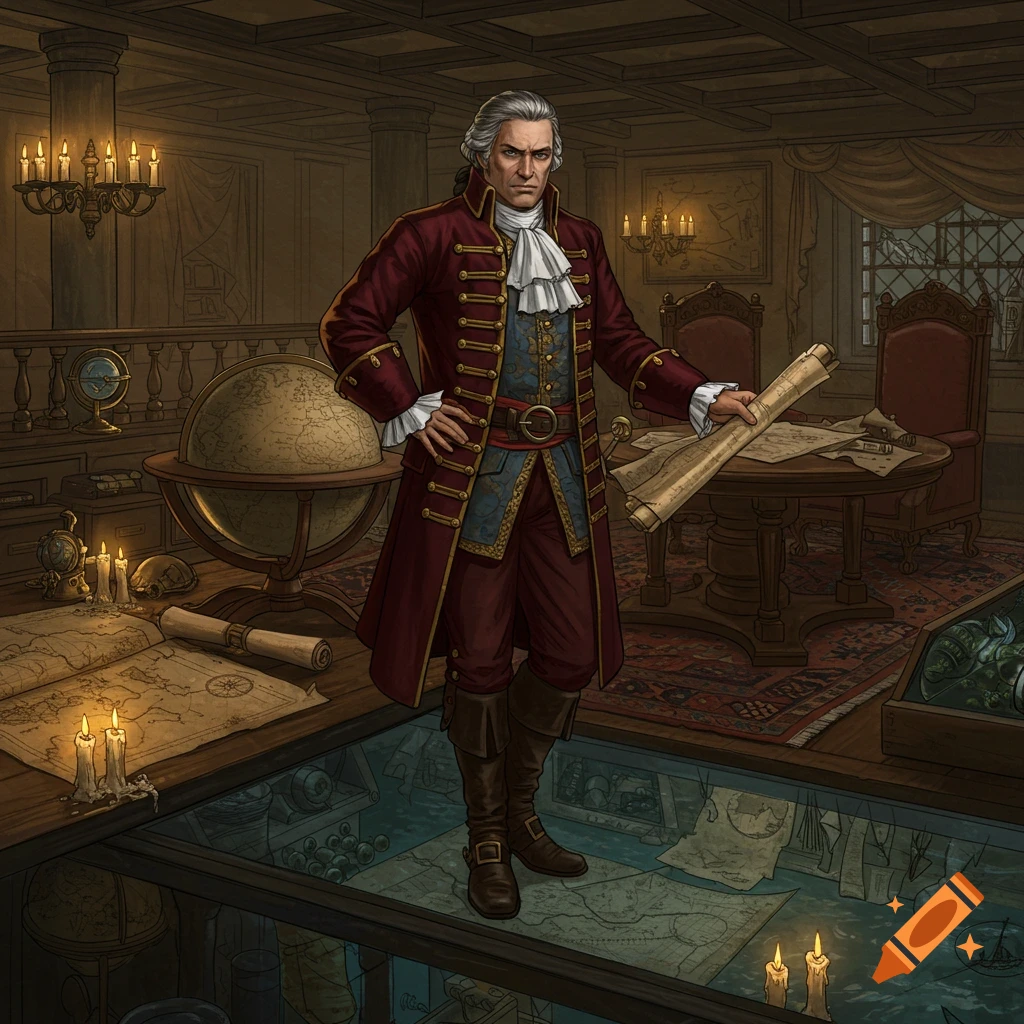 A stern man in a red and blue 18th-century coat stands in a study filled with maps, globes, and candles, holding a rolled map.