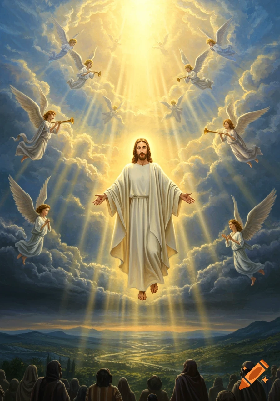 Jesus ascends into a bright, cloudy sky with angels playing trumpets, while people look up from a landscape below. Detailed painting.