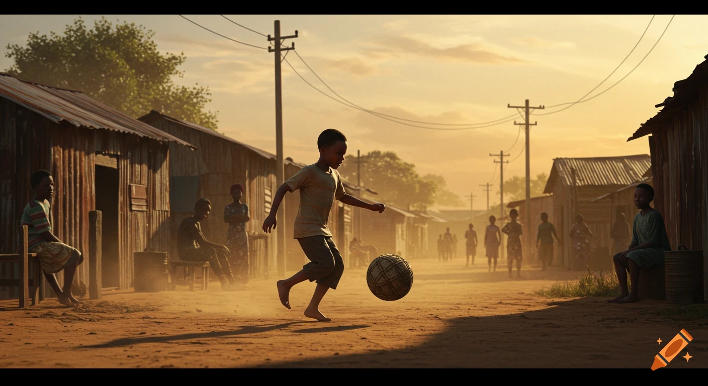 Young boy plays barefoot football in a dusty African village street during sunset, cinematic style.
