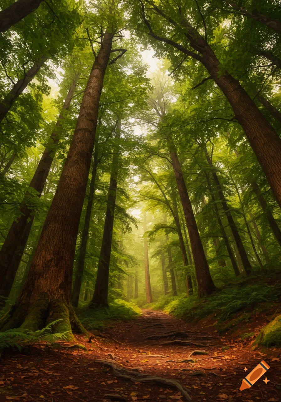Painterly rendering of a dense forest path, looking up at towering green trees with sunlight filtering through the canopy.
