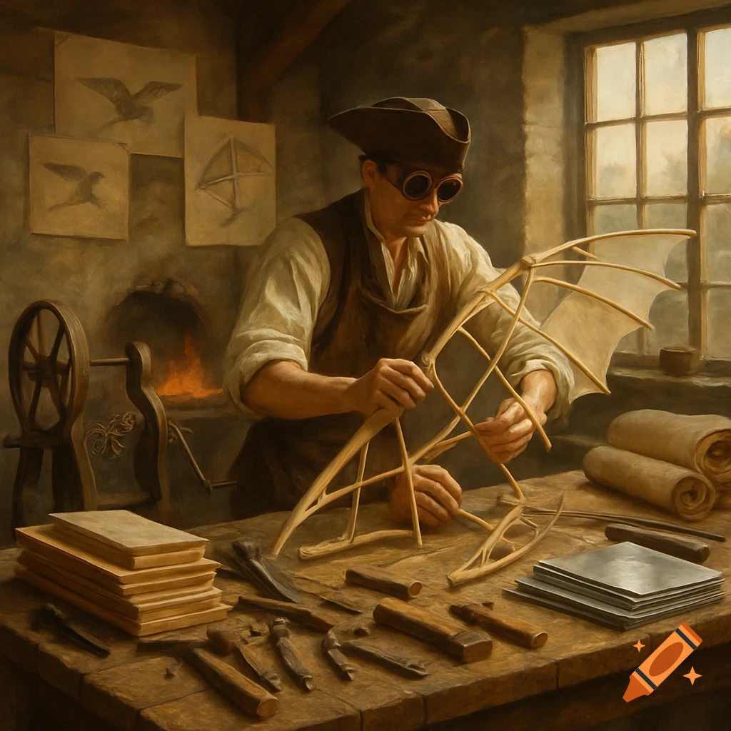 A 1700s inventor in goggles works on a wooden wing in a cluttered workshop with tools and bird sketches.